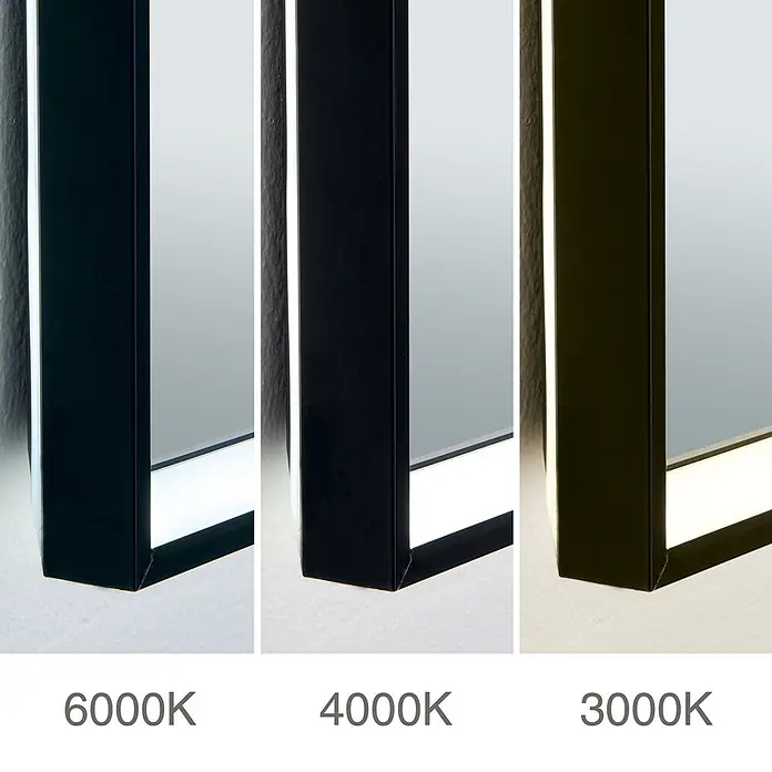 Orion Leuchten Lichtspiegel - 70 x 90 cm, Schalter - Schwarz gerahmter Spiegel mit integrierter LED-Beleuchtung, zeigt 6000K, 4000K und 3000K Farbtemperaturen.