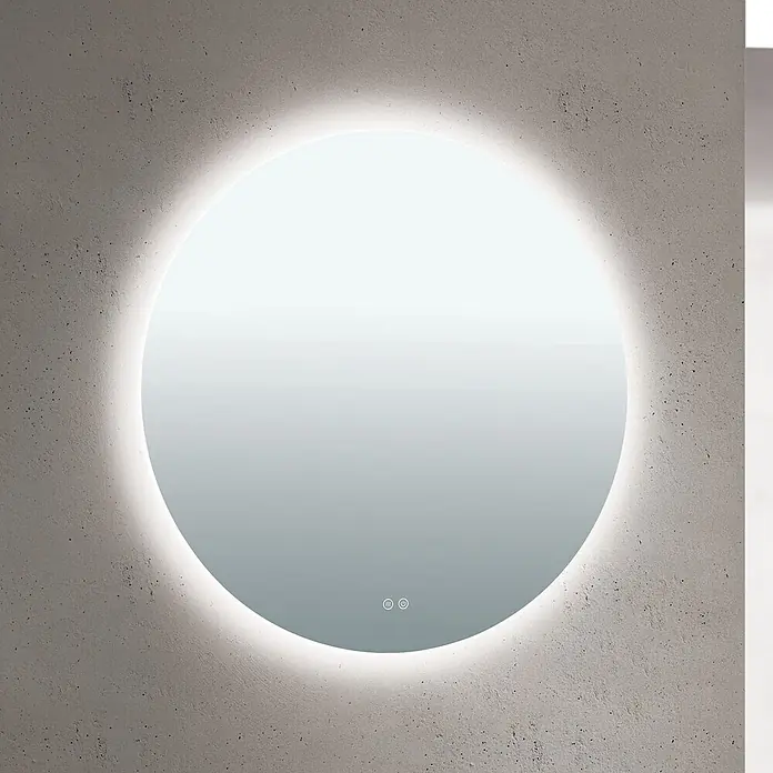 Orion Leuchten Lichtspiegel - 80 x 80 cm, Durchmesser: 80 cm, Schalter - Runder LED-beleuchteter Spiegel mit Touch-Bedienung an einer strukturierten Betonwand.