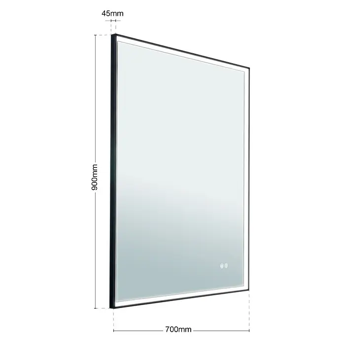 Orion Leuchten Lichtspiegel - 70 x 90 cm, Schalter - Rechteckiger Spiegel, schwarzer Rahmen, integrierte LED-Beleuchtung. 900x700x45mm.