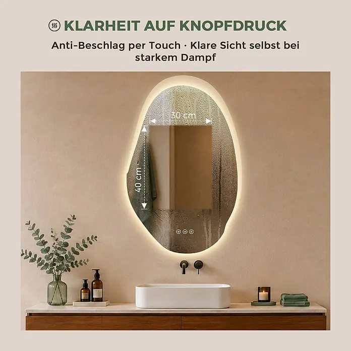 S'AFIELINA Lichtspiegel CloudLine - 55 x 85 cm, Leuchtmittel - Ein beleuchteter, organisch geformter Badspiegel mit Anti-Beschlag und Touch-Steuerung über einem Waschbecken. Maße zeigen 40x30 cm Heizfläche.