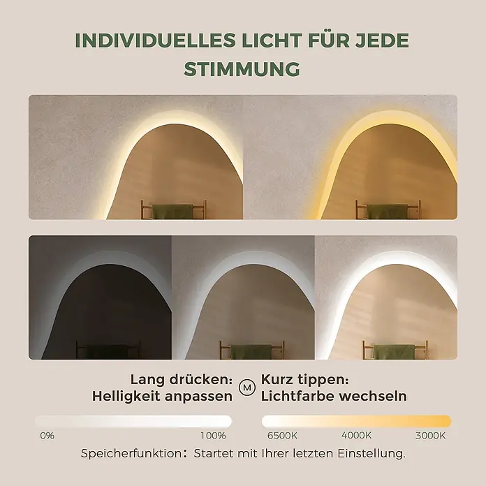 S'AFIELINA Lichtspiegel CloudLine - 48 x 72 cm, Leuchtmittel - LED-Spiegel zeigt einstellbare Helligkeit und Farbtemperatur von kühlem Weiß zu warmem Gelb für verschiedene Stimmungen.
