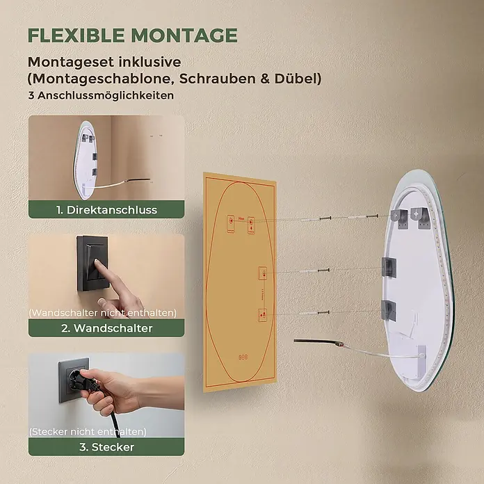 S'AFIELINA Lichtspiegel CloudLine - 48 x 72 cm, Leuchtmittel - Spiegel mit flexiblen Montageoptionen: Direktanschluss, Wandschalter oder Stecker. Montageset mit Schablone, Schrauben und Dübeln inklusive.