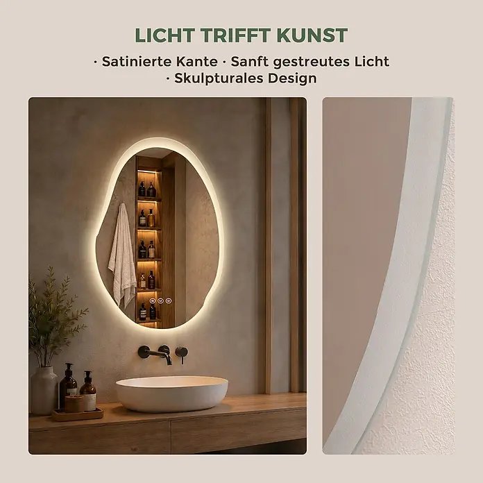S'AFIELINA Lichtspiegel CloudLine - 48 x 72 cm, Leuchtmittel - Unregelmäßiger LED-Spiegel mit satiniertem Rand und sanftem Licht über einem Waschbecken im Bad.