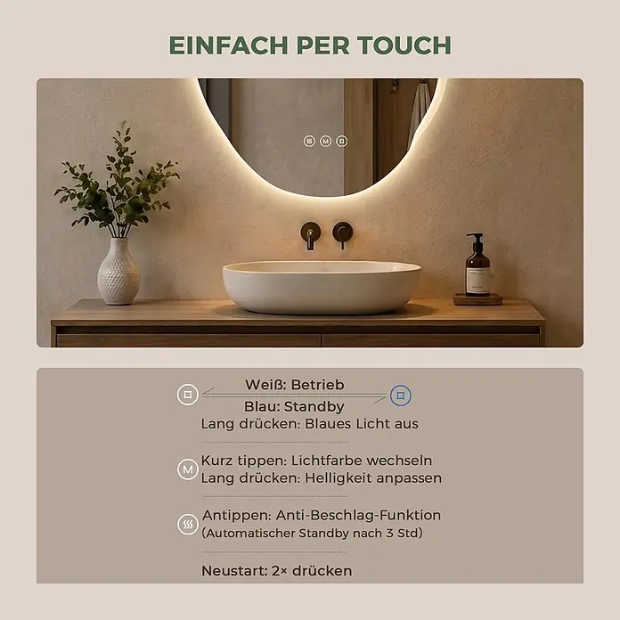 S'AFIELINA Lichtspiegel CloudLine - 48 x 72 cm, Leuchtmittel - Runder LED-Badspiegel mit beleuchteten Touch-Bedienelementen für Licht, Helligkeit und Antibeschlagfunktion, über einem modernen Waschbecken.