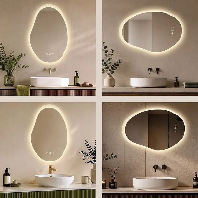 S'AFIELINA Lichtspiegel CloudLine - 48 x 72 cm, Leuchtmittel - Beleuchteter unregelmäßiger Spiegel mit Touch-Bedienung über einem Waschbecken im Bad. Warmes Licht betont das moderne organische Design.