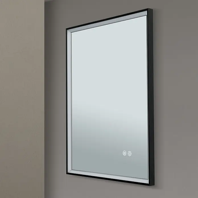 Orion Leuchten Lichtspiegel - 45 x 60 cm, Schalter - Rechteckiger LED-Spiegel mit schwarzem Rahmen, beleuchteten Defogger- und Lichttouch-Bedienelementen.