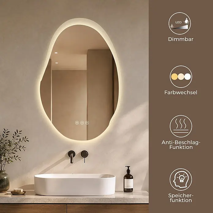 S'AFIELINA Lichtspiegel CloudLine - 48 x 72 cm, Leuchtmittel - Organisch geformter LED-Spiegel mit verstellbarem Licht und Smart-Funktionen über einem Waschbecken.