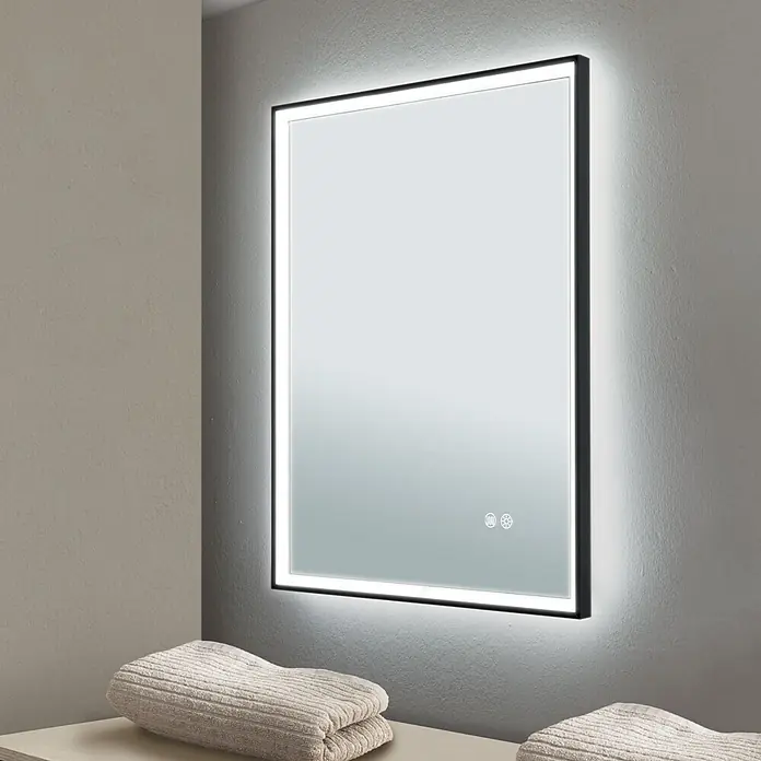 Orion Leuchten Lichtspiegel - 45 x 60 cm, Schalter - Rechteckiger schwarz gerahmter beleuchteter Spiegel mit Touch-Bedienelementen.