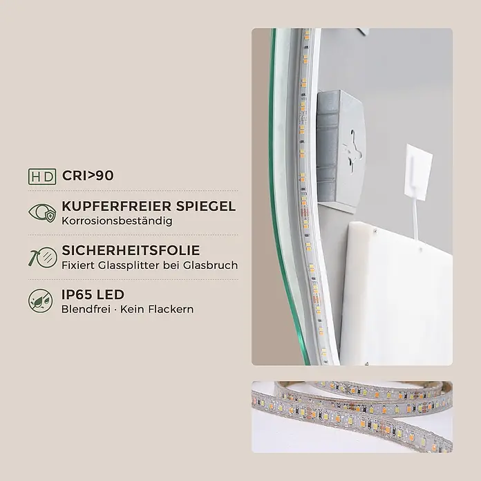 S'AFIELINA Lichtspiegel CloudLine - 48 x 72 cm, Leuchtmittel - Spiegel mit IP65 LED-Beleuchtung (blendfrei, flackerfrei, CRI>90) und kupferfreiem, korrosionsbeständigem Spiegel mit Sicherheitsfolie.