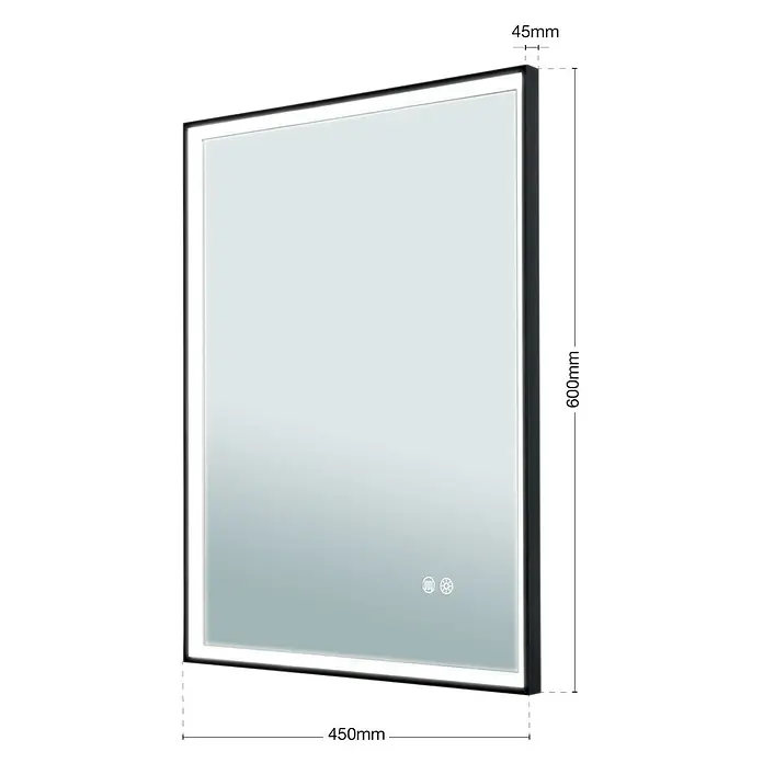 Orion Leuchten Lichtspiegel - 45 x 60 cm, Schalter - Rechteckiger LED-Spiegel mit schwarzem Rahmen und Touch-Bedienelementen.