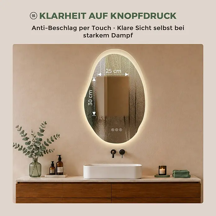 S'AFIELINA Lichtspiegel CloudLine - 48 x 72 cm, Leuchtmittel - Beleuchteter, unregelmäßiger Badspiegel mit klarer 30x25 cm Anti-Beschlag-Fläche inmitten von Kondenswasser, mit Touch-Bedienelementen über einem Waschtisch.