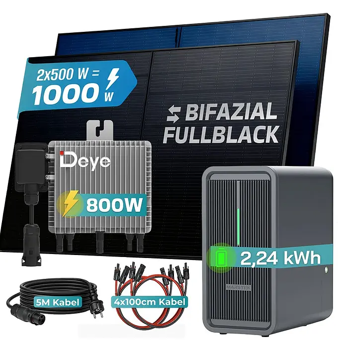 Sunniva Balkonkraftwerk 1000 / 800 Watt mit DEYE und Marstek B2500-D 2,24 kWh Speicher - Nennleistung: 800 W