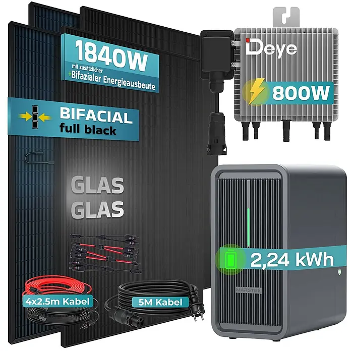 Sunniva Balkonkraftwerk 1840 / 800 Watt mit DEYE und Marstek B2500-D 2,24 kWh Speicher - Nennleistung: 800 W