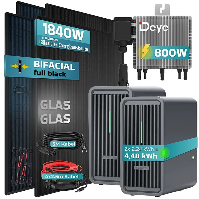 Sunniva Balkonkraftwerk 1840 / 800 Watt mit DEYE und Marstek B2500-D 4,48 kWh Speicher - Nennleistung: 800 W