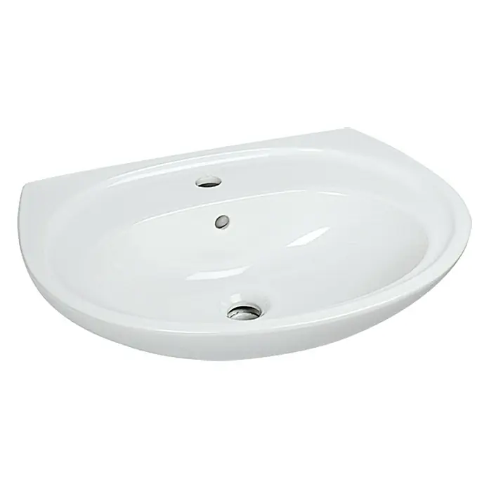 Camargue Arles Waschbecken - B x L: 50 x 39,5 cm, Ohne Spezialglasur, Hahnloch: Mitte, Mit Überlauf, Weiß - Nahaufnahme eines glänzend weißen Keramik-Waschbeckens mit Hahnlöchern und Ablauf, ideal für moderne Badezimmerdesigns.