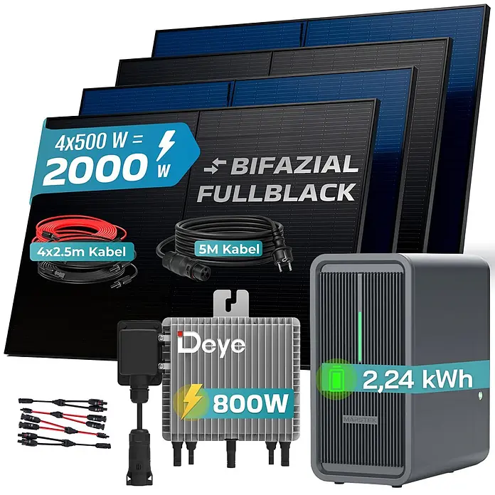 Sunniva Balkonkraftwerk 2000 / 800 Watt mit DEYE und Marstek B2500-D 2,24 kWh Speicher - Nennleistung: 800 W