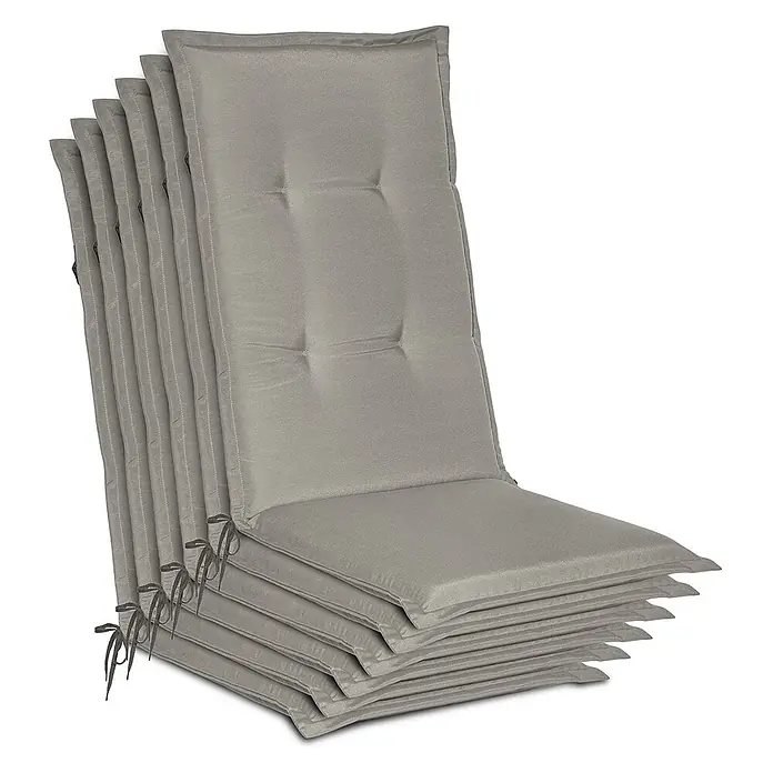 Beautissu Sitzauflage Loft HL - Hochlehner, 6 Stk., Polyester, Hellgrau - Stapel grauer Stoff-Gartenstuhlauflagen mit Bindebändern.