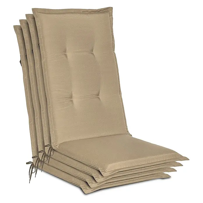 4er Set Gartenstuhlauflage Loft HL Natur, 120x50x6cm -  - Stapel beigefarbener, gesteppter Stuhlkissen mit Bändern.