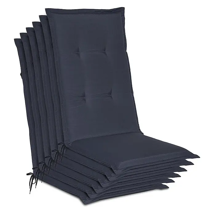 Beautissu Sitzauflage Loft HL - Hochlehner, 6 Stk., Polyester, Dunkelblau - Stapel dunkelgrauer, gesteppter Stuhlkissen mit Bändern.