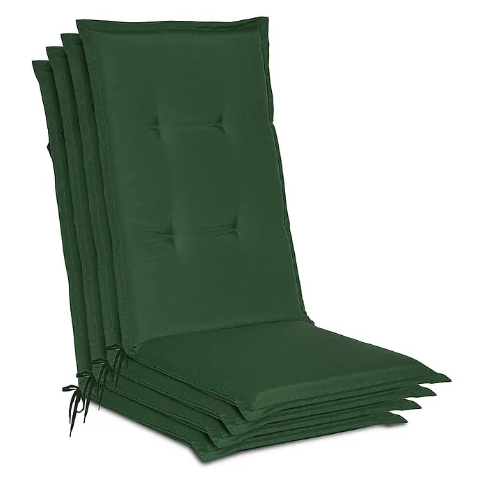 4er Set Gartenstuhlauflage Loft HL Dunkelgrün, 120x50x6cm -  - Stapel dunkelgrüner gesteppter Stuhlkissen mit Bändern.