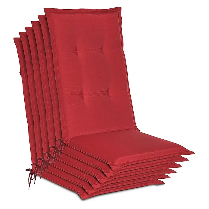 6er Set Gartenstuhlauflage Loft HL Rot, 120x50x6cm -  - Ein Stapel roter, gesteppter Stoff-Stuhlkissen, jedes mit Rückenlehne und Bändern.