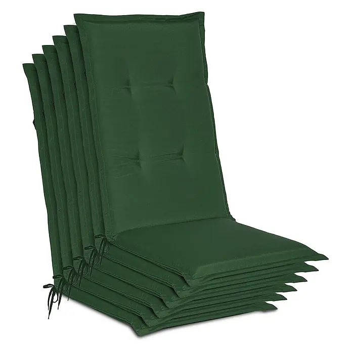 6er Set Gartenstuhlauflage Loft HL Dunkelgrün, 120x50x6cm -  - Stapel dunkelgrüner, gesteppter Gartenstuhlauflagen mit Bändern.