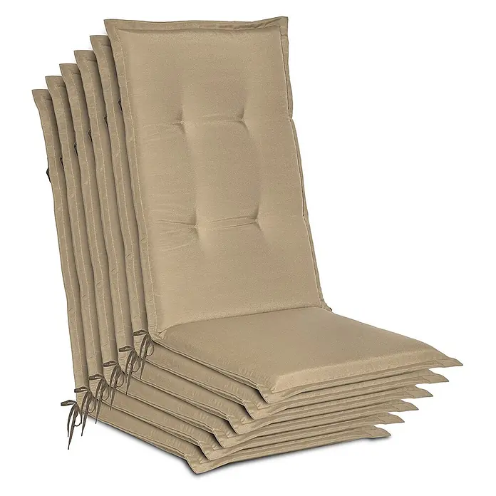 Beautissu Sitzauflage Loft HL - Hochlehner, 6 Stk., Polyester, Natur - Stapel beiger, gesteppter Stuhlkissen mit Bindebändern.