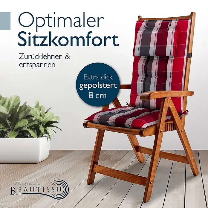 Beautissu Sitzauflage Sun-HL - Hochlehner, 4 Stk., Polyester, Rot-Anthrazit gestreift - Rotes, weißes und graues kariertes 8 cm dickes Stuhlkissen auf Holzklappstuhl für optimalen Komfort.