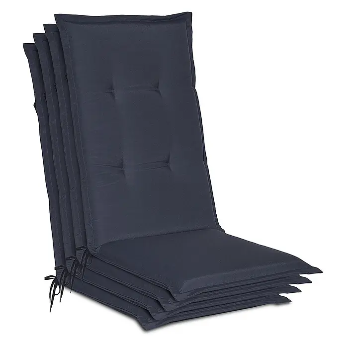 Beautissu Sitzauflage Loft Hl - Hochlehner, 4 Stk., Polyester, Dunkelblau - Gestapelte dunkelgraue Stuhlkissen mit Steppung und Bändern.