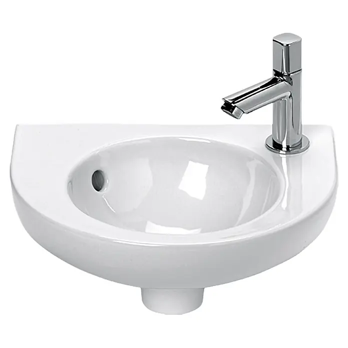 Waschbecken Sinda - B x L: 35 x 28 cm, Ohne Spezialglasur, Hahnloch: Mitte, Mit Überlauf, Weiß - Modernes Waschbecken aus Keramik mit Armatur. Das perfekte Waschbecken für Ihr Badezimmer, stilvoll und elegant.