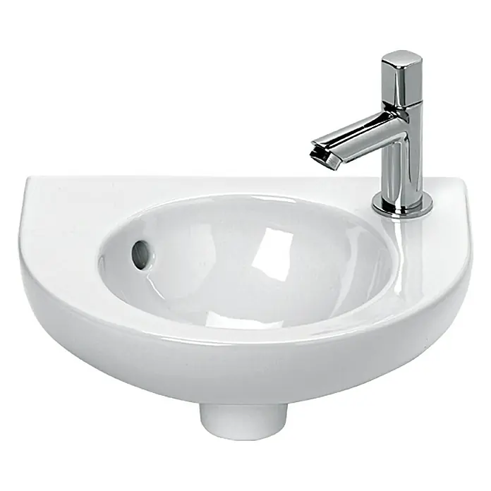 Waschbecken Sinda - B x L: 35 x 28 cm, Ohne Spezialglasur, Hahnloch: Mitte, Mit Überlauf, Weiß - Modernes Waschbecken aus Keramik mit Armatur. Das perfekte Waschbecken für Ihr Badezimmer, stilvoll und elegant.