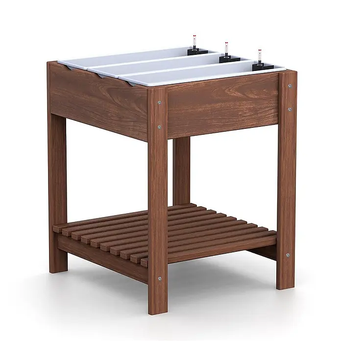 Plastard Kräuterhochbeet 3 Fach mit Pflanzeinsatz und Wasserstandsanzeiger in Braun - Material: Holz - Dunkelbraunes Holz-Hochbeet mit drei weißen Pflanzgefäßen, Bewässerungsanzeigen und Lattenrostablage.