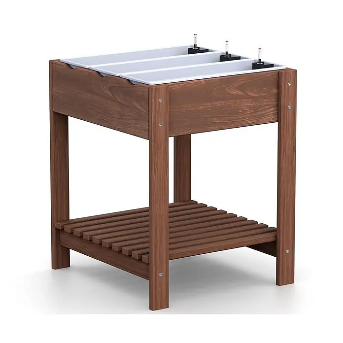 Plastard Kräuterhochbeet 3 Fach mit Pflanzeinsatz und Wasserstandsanzeiger in Braun - Material: Holz - Dunkelbraunes Holz-Hochbeet mit drei weißen Einsätzen und einem Lattenrostboden.