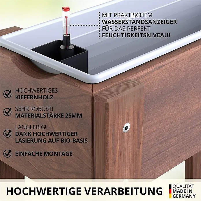 Plastard Kräuterhochbeet 2 Fach mit Pflanzeinsatz und Wasserstandsanzeiger in Braun - Material: Holz - Selbstbewässerndes Pflanzgefäß aus dunkel lasiertem Kiefernholz mit Wasserstandsanzeiger. Robustes 25mm Holz, bio-basierte Lasierung.