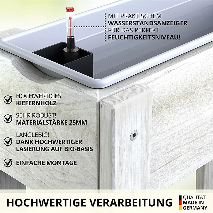 Plastard Kräuterhochbeet 2 Fach mit Pflanzeinsatz und Wasserstandsanzeiger in Weiß - Material: Holz - Hochwertiger Pflanzkasten aus hellem Kiefernholz mit Wasserstandsanzeiger.