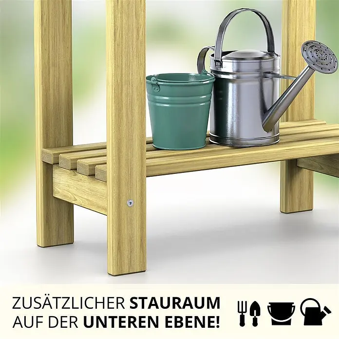 Plastard Kräuterhochbeet 2 Fach mit Pflanzeinsatz und Wasserstandsanzeiger in Braun - Material: Holz - Helle Holzablage mit grünem Eimer und silberner Gießkanne für Gartenzubehör.