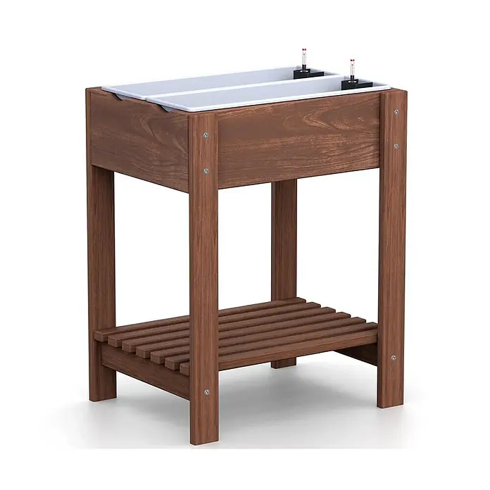 Plastard Kräuterhochbeet 2 Fach mit Pflanzeinsatz und Wasserstandsanzeiger in Braun - Material: Holz - Dunkelbraunes Hochbeet aus Holz mit zwei weißen Pflanzeinsätzen und Feuchtigkeitsanzeigern, inklusive unterer Lattenablage.