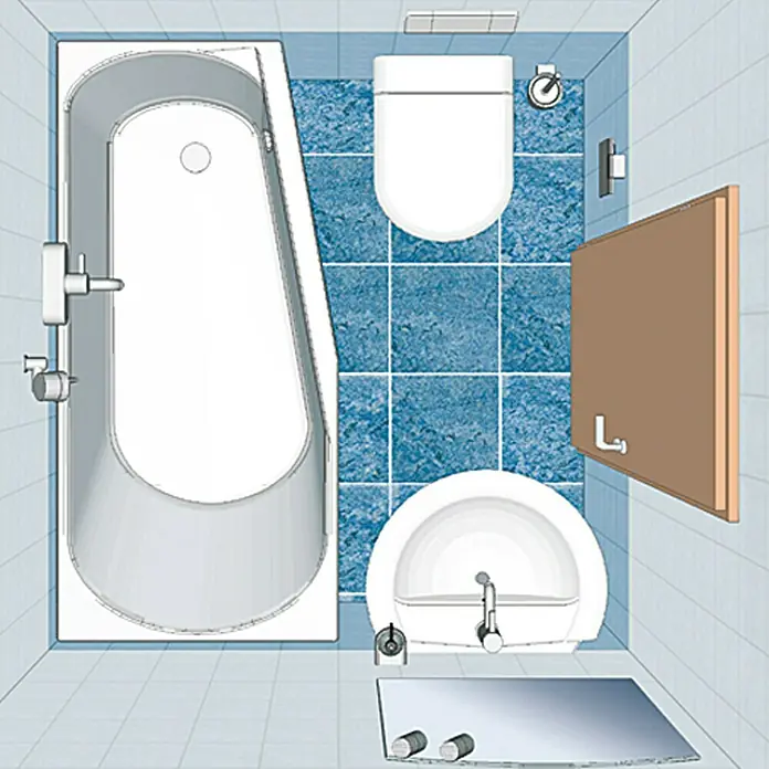 Camargue Bañera pequeña Miramas - 160 x 75 cm, Acrílico sanitario, Blanco, Derecha - Vista superior de un baño con bañera, inodoro, lavabo y espejo, presentado en un diseño limpio y esquemático.