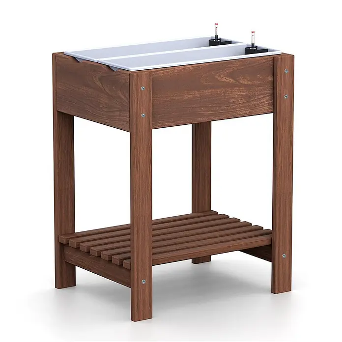 Plastard Kräuterhochbeet 2 Fach mit Pflanzeinsatz und Wasserstandsanzeiger in Braun - Material: Holz - Dunkelbraunes Holz-Hochbeet mit zwei selbstbewässernden Schalen und Lattenrost-Ablage.