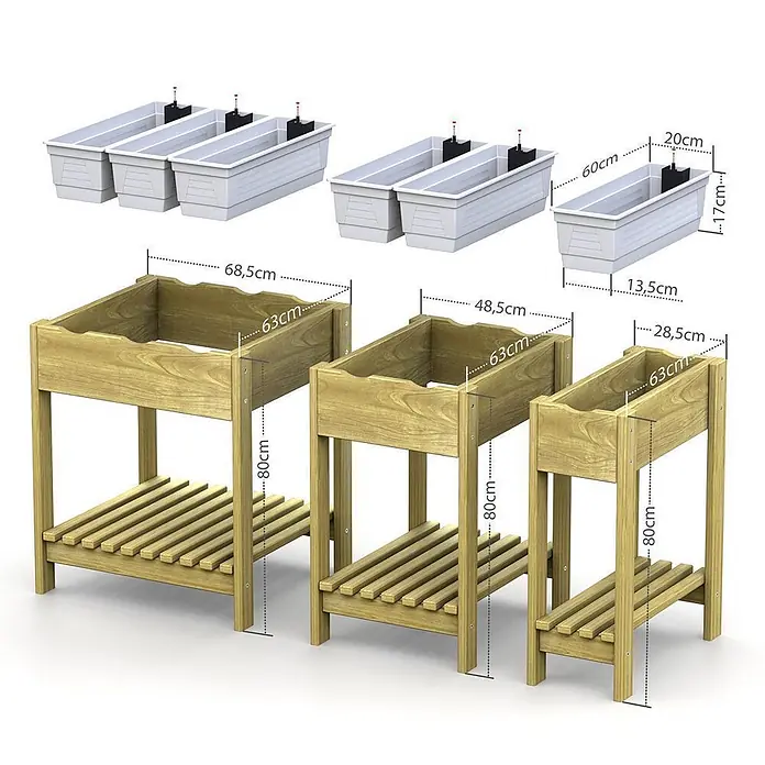 Plastard Kräuterhochbeet 2 Fach mit Pflanzeinsatz und Wasserstandsanzeiger in Braun - Material: Holz - Drei hölzerne Hochbeete mit Lattenrosten in verschiedenen Größen. Darüber weiße Selbstbewässerungsgefäße mit Füllstandsanzeige.