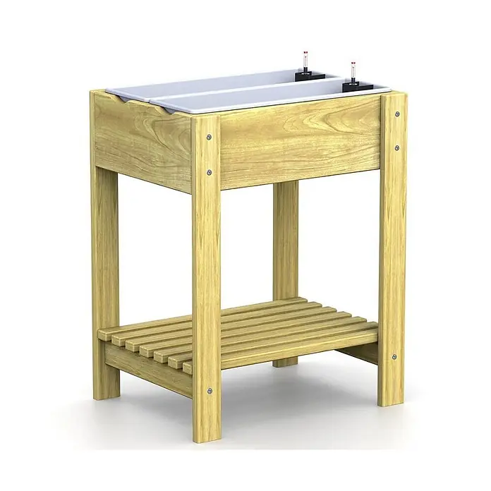 Plastard Kräuterhochbeet 2 Fach mit Pflanzeinsatz und Wasserstandsanzeiger in Natur - Material: Holz - Erhöhtes Holz-Pflanzgefäß mit zwei weißen Einsätzen und Anzeigen, sowie einer Lattenablage unten.