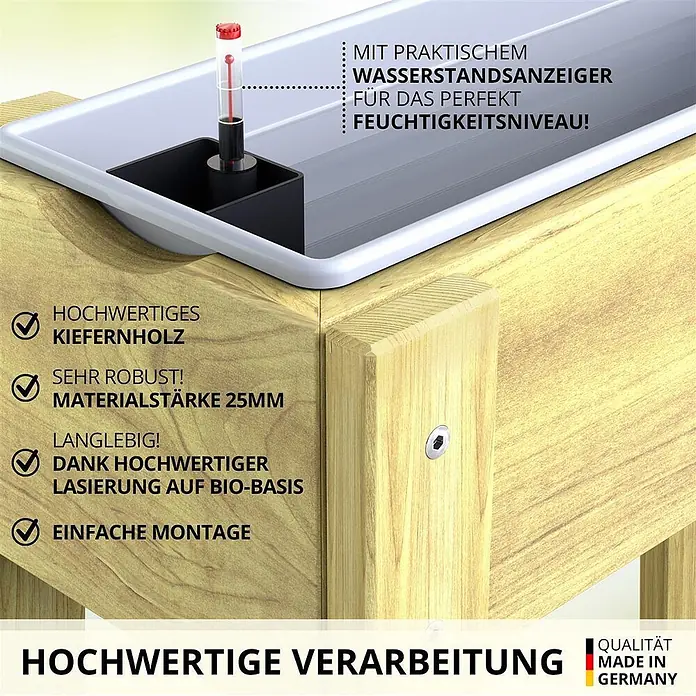 Plastard Kräuterhochbeet 2 Fach mit Pflanzeinsatz und Wasserstandsanzeiger in Natur - Material: Holz - Hölzernes Selbstbewässerungs-Pflanzgefäß mit weißem Einsatz und Wasserstandsanzeiger.