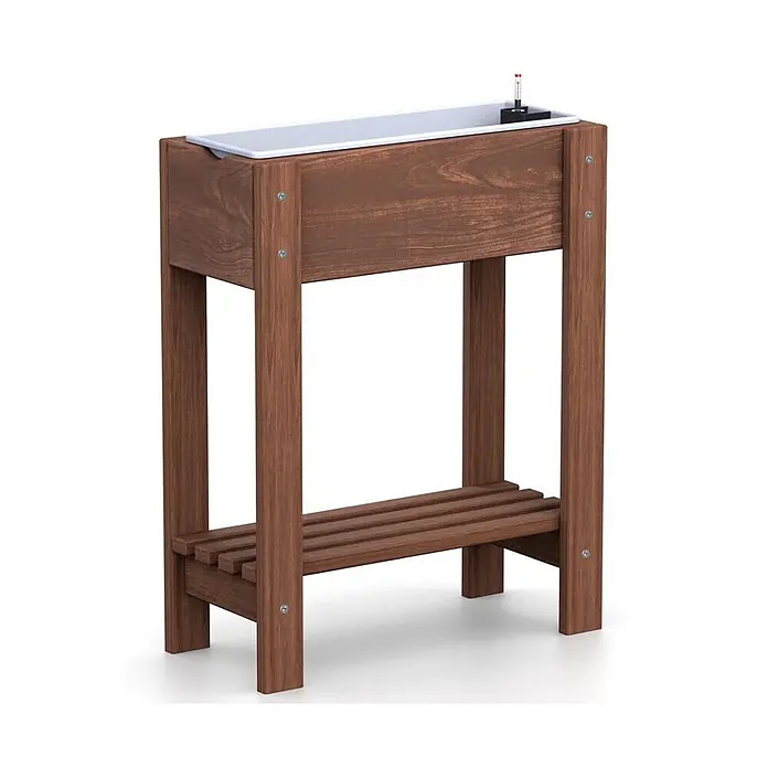 Plastard Kräuterhochbeet 1 Fach mit Pflanzeinsatz und Wasserstandsanzeiger in Braun - Material: Holz - Dunkelbraunes Holz-Hochbeet mit weißem Selbstbewässerungseinsatz und unterer Lattenablage.