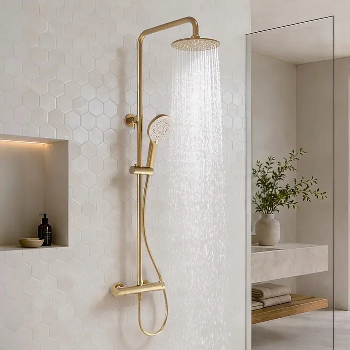 LOMAZOO Thermostat-Duschsystem Aurelia mit Regendusche Gold -  - Gebürstetes goldenes Duschsystem mit Regenkopf und Handbrause, in einem modernen Bad installiert.