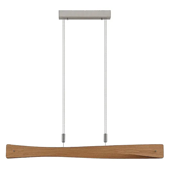 Lindby Pendelleuchte Beazina - Holz hell, nickel matt, holz hell - Lineare Pendelleuchte mit Holz-Lichtbalken, an grauer Deckenhalterung mit dünnen Seilen aufgehängt.