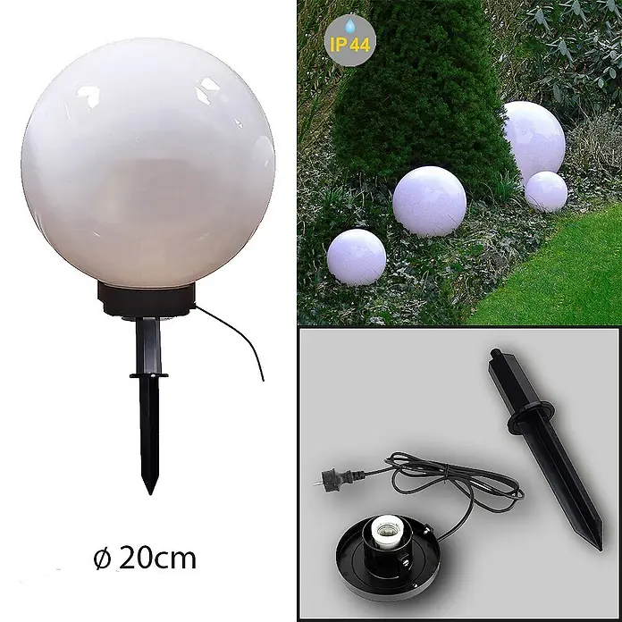 DAPO Erdspießleuchte Kugelleuchte Marlon 20 cm - 25 cm, IP44 - Weiße kugelförmige Gartenleuchte mit schwarzem Erdspieß. Ø 20cm, IP44 für den Außenbereich.