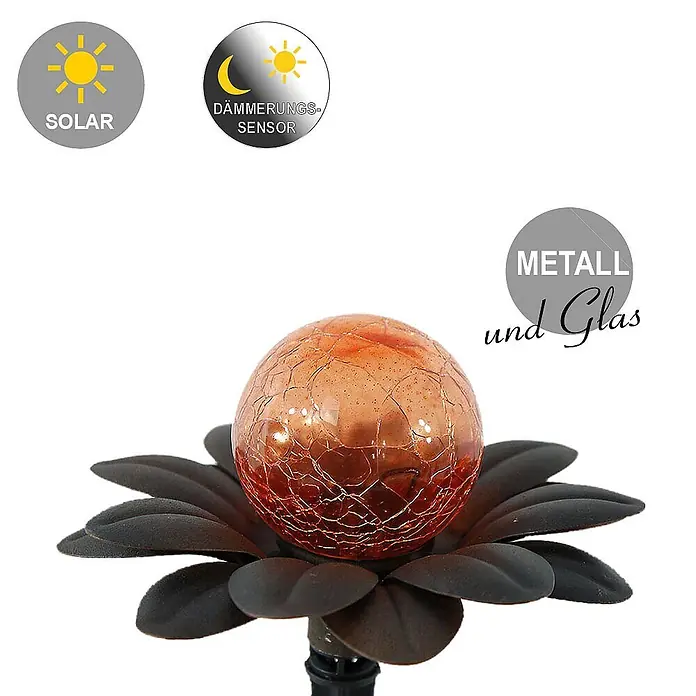 DAPO Solar-Dekoleuchte Flora mit Kugel in Bernsteinoptik - L x B x H: 15 x 15 x 20 cm, Rostfarbig - Solar Gartenleuchte aus Metall und gesprungenem Amberglas, mit Dämmerungssensor und dunklem blumenförmigem Fuß.