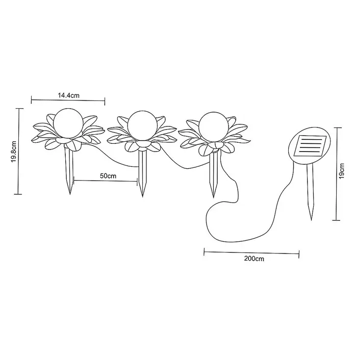 DAPO Solar-Dekoleuchte Flora mit Kugel in Bernsteinoptik - L x B x H: 15 x 15 x 20 cm, Rostfarbig - Drei solarbetriebene Gartenleuchten in Blumenform mit Kugelaufsätzen, verbunden mit einem Solarpanel-Erdspieß, zur Außendekoration.