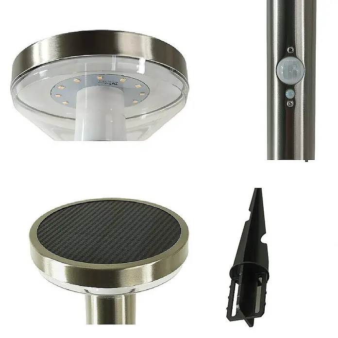 DAPO Solar-Sockelleuchte Solar Wegeleuchte Brok 50cm Silber - L x B x H: 12,5 x 12,5 x 80 cm, silber, IP44 - Komponenten einer Solar-Gartenleuchte aus Edelstahl mit LED-Kopf, Solarpanel, Bewegungssensor und Erdspieß.