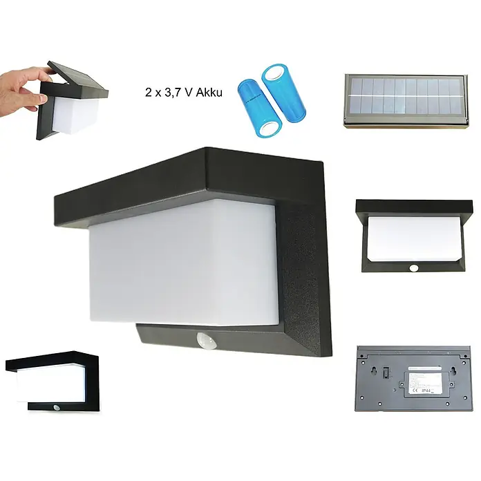 DAPO Solar-Außenwandleuchte Solar-Wandleuchte "All weather" - L x B x H: 9 x 21 x 12 cm, IP44 - Schwarze Solar-LED-Wandleuchte mit Bewegungssensor und weißem Diffusor, IP44, betrieben mit 2x 3,7V Akkus.